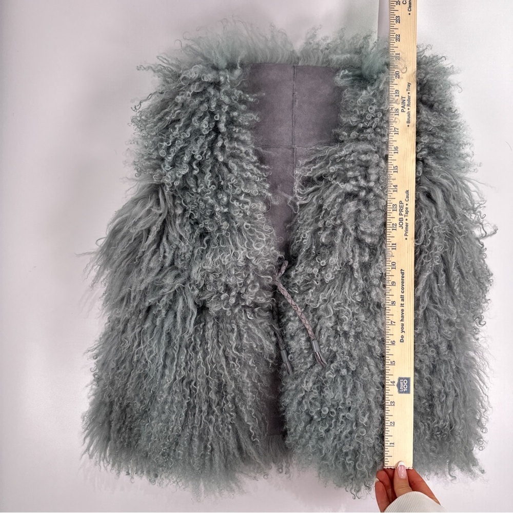 Curly Mongolian Lamb Fur Suede Tie Front Vest Blue Gray M - Picture 10 of 11